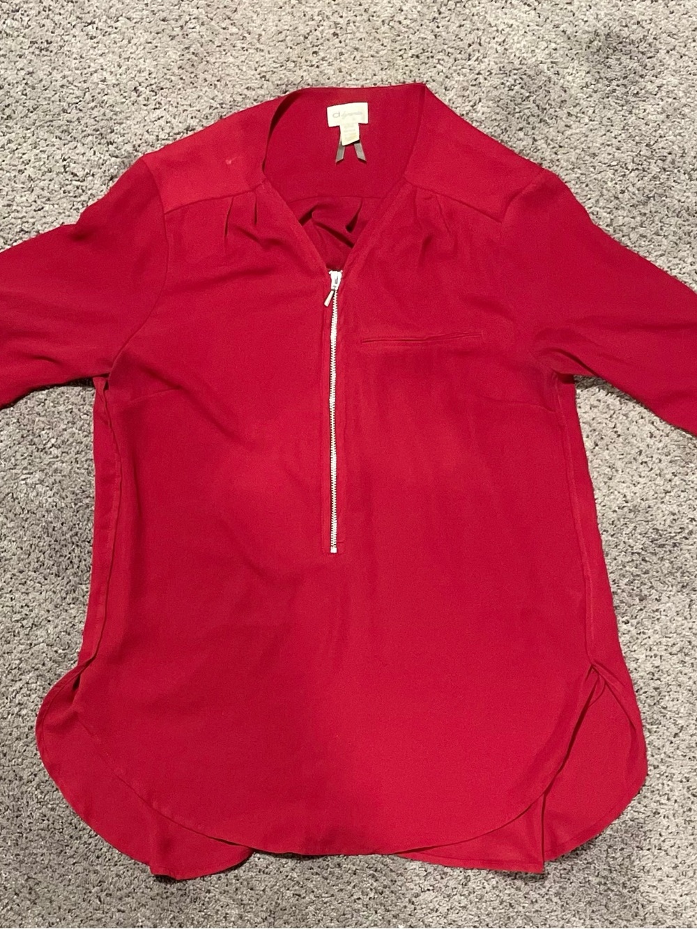 Dynamite Red Zip Front Roll Tab Sleeve Tunic Blouse Top XS